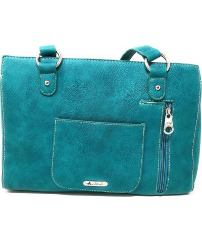 Set of Women's Concealed Carry Tote Double Flat Strap Purse with Laser Cutout Inlay with Matching Wallet Turquoise $26.65 Totes