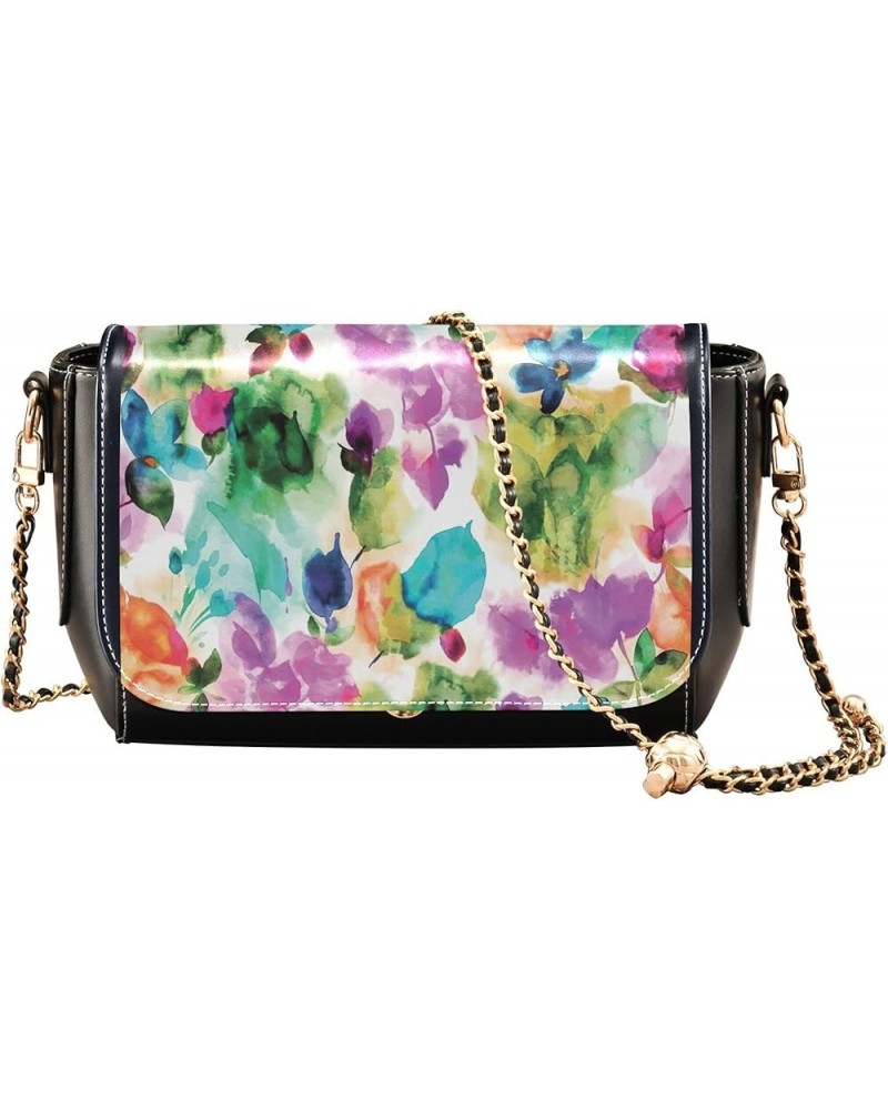 Purple Floral Design PU Leather Shoulder Bag Gifts Crossbody Purses for Women Phone Handbags with Chain Strap Watercolor Flow...