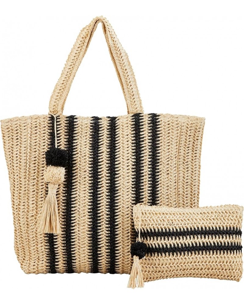 Women's Neutral Straw Tote and Case Black $15.82 Totes