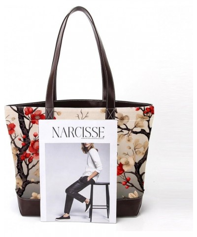 Tree Canvas Leather Mix Tote Bag 13.3x4.7x12.2 in - Hand-Held Fashionable Carryall $28.79 Totes