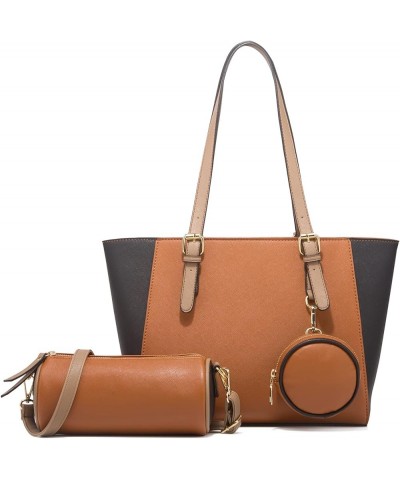 Women 3pcs Tote Shoulder Handbag Purse Set Faux Leather Cylindrical Crossbody Bag Coin Wallet Brown $28.31 Totes