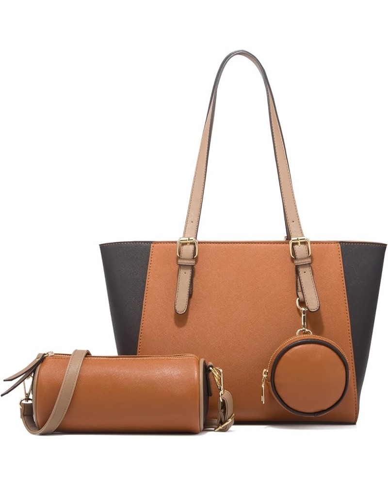 Women 3pcs Tote Shoulder Handbag Purse Set Faux Leather Cylindrical Crossbody Bag Coin Wallet Brown $28.31 Totes