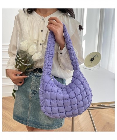 Quilted Tote Bag for Women Puffer Bag Lightweight Padding Shoulder Bag Hobo Bag Satchel Handbag Cloud Bag with Zip 2024 Purpl...