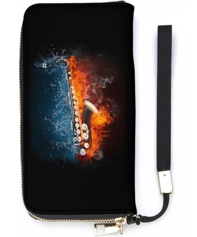 Saxophone in Fire and Water Novelty Wallet with Wrist Strap Long Cellphone Purse Large Capacity Handbag Wristlet Clutch Walle...