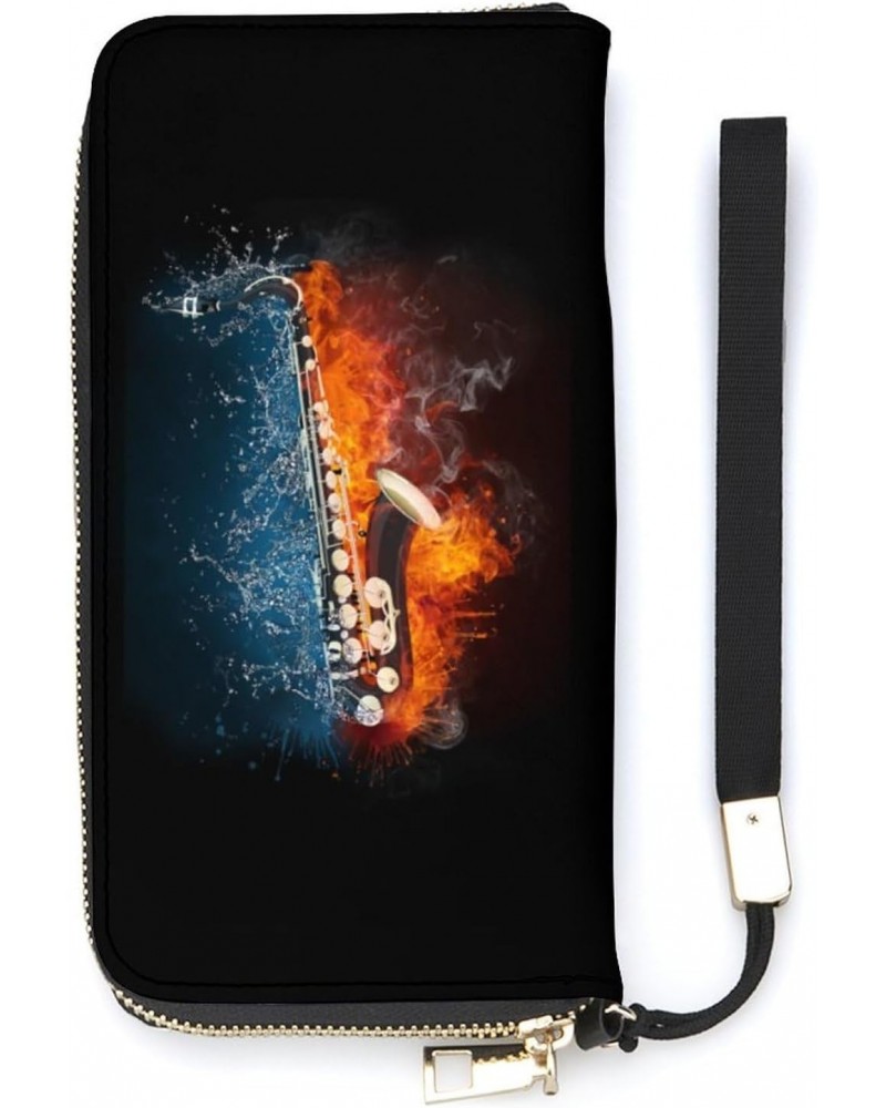 Saxophone in Fire and Water Novelty Wallet with Wrist Strap Long Cellphone Purse Large Capacity Handbag Wristlet Clutch Walle...