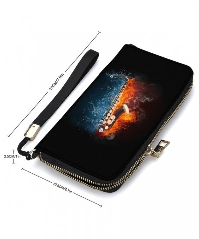 Saxophone in Fire and Water Novelty Wallet with Wrist Strap Long Cellphone Purse Large Capacity Handbag Wristlet Clutch Walle...