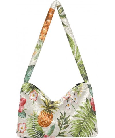 Flowers Pineapple Furry Tote Bag for Women Crossbody Bag Shoulder Hobo Bags Puffer Bag with Zipper for Women Work $12.59 Totes