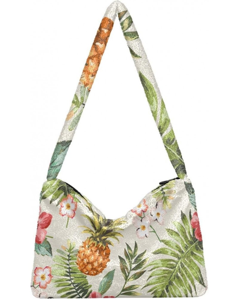 Flowers Pineapple Furry Tote Bag for Women Crossbody Bag Shoulder Hobo Bags Puffer Bag with Zipper for Women Work $12.59 Totes