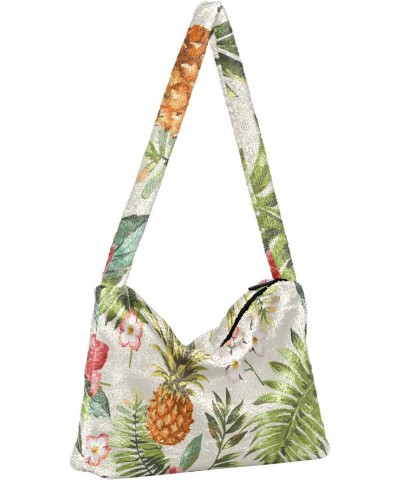 Flowers Pineapple Furry Tote Bag for Women Crossbody Bag Shoulder Hobo Bags Puffer Bag with Zipper for Women Work $12.59 Totes