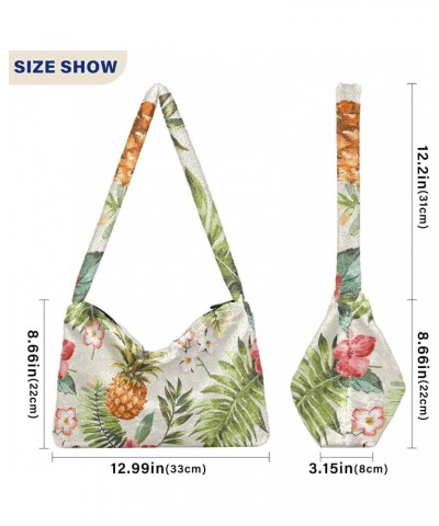 Flowers Pineapple Furry Tote Bag for Women Crossbody Bag Shoulder Hobo Bags Puffer Bag with Zipper for Women Work $12.59 Totes