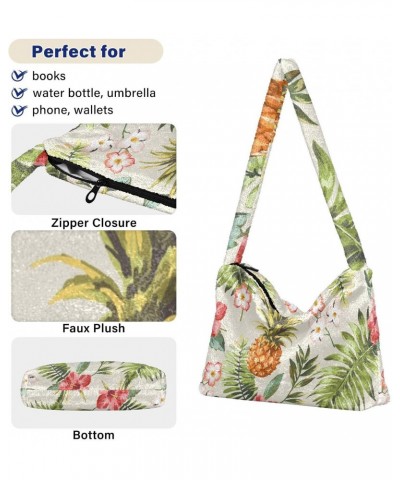 Flowers Pineapple Furry Tote Bag for Women Crossbody Bag Shoulder Hobo Bags Puffer Bag with Zipper for Women Work $12.59 Totes