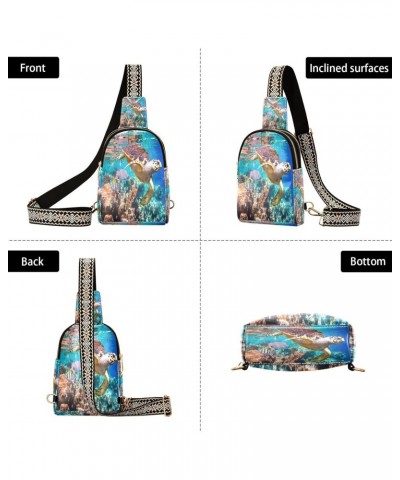 Small Crossbody Sling Bags for Women Turtle Tropical Fishs Leather Crossbody Fanny Packs Purses Ocean Corals Reef Chest Bag D...