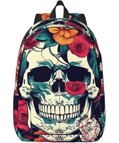 Flowers Skull Ornamental Print Casual Double Shoulder Daypack,Anti-Theft Travel Canvas Backpack For Men And Women Black Small...