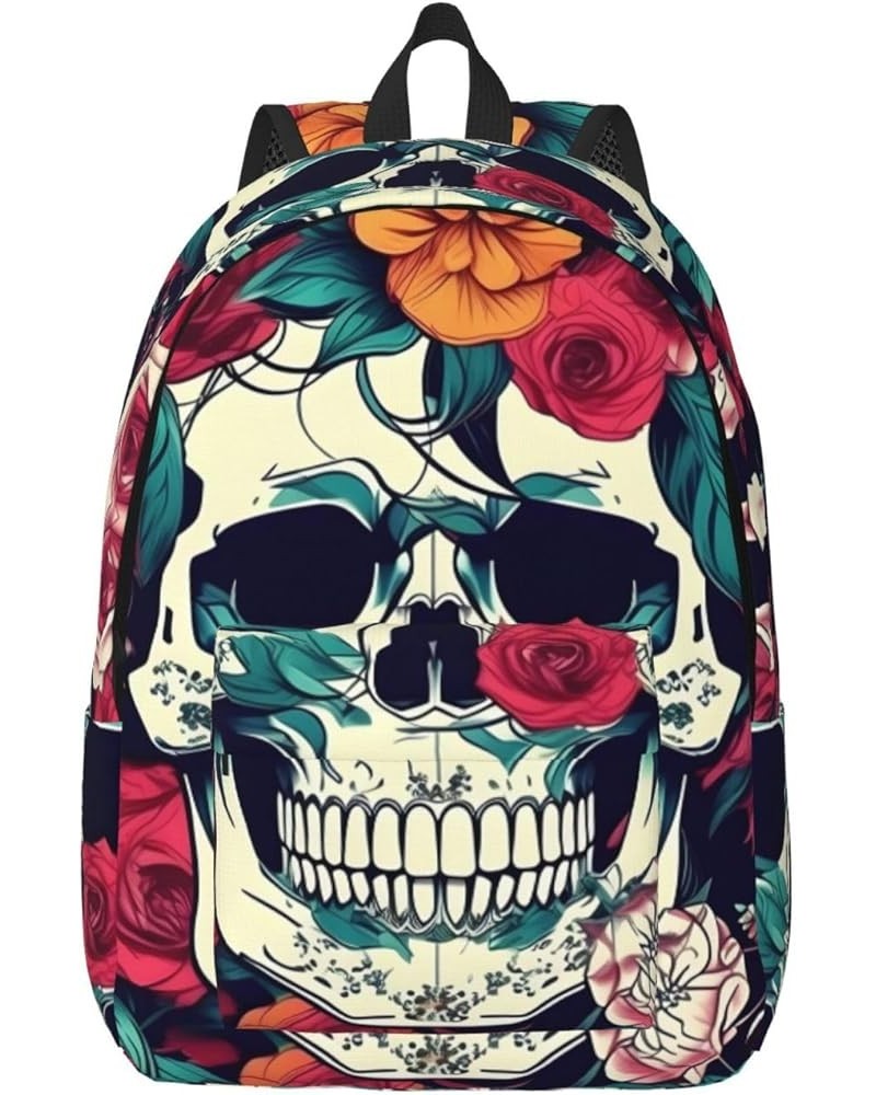 Flowers Skull Ornamental Print Casual Double Shoulder Daypack,Anti-Theft Travel Canvas Backpack For Men And Women Black Small...