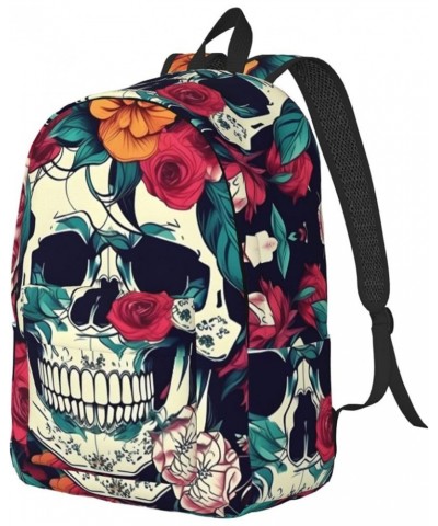 Flowers Skull Ornamental Print Casual Double Shoulder Daypack,Anti-Theft Travel Canvas Backpack For Men And Women Black Small...