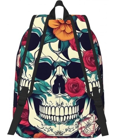 Flowers Skull Ornamental Print Casual Double Shoulder Daypack,Anti-Theft Travel Canvas Backpack For Men And Women Black Small...