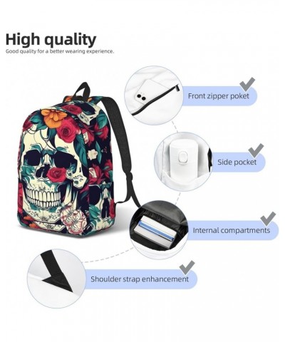 Flowers Skull Ornamental Print Casual Double Shoulder Daypack,Anti-Theft Travel Canvas Backpack For Men And Women Black Small...