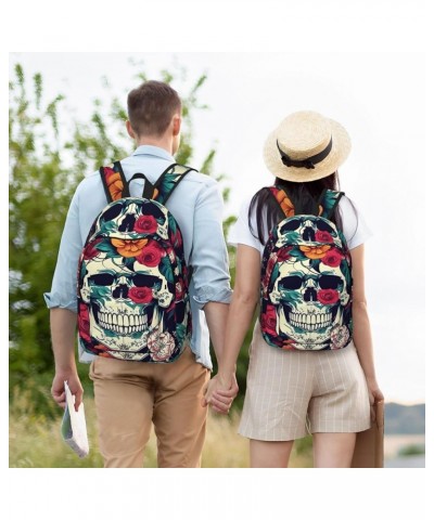 Flowers Skull Ornamental Print Casual Double Shoulder Daypack,Anti-Theft Travel Canvas Backpack For Men And Women Black Small...