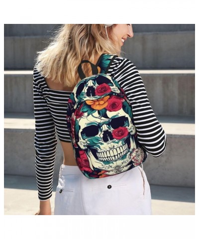 Flowers Skull Ornamental Print Casual Double Shoulder Daypack,Anti-Theft Travel Canvas Backpack For Men And Women Black Small...