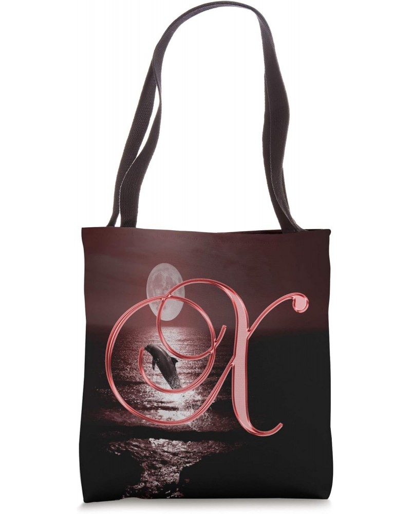 X Dolphin Red Animal Ocean Moon Sea Wave Initial Letter Name Tote Bag $9.40 Totes