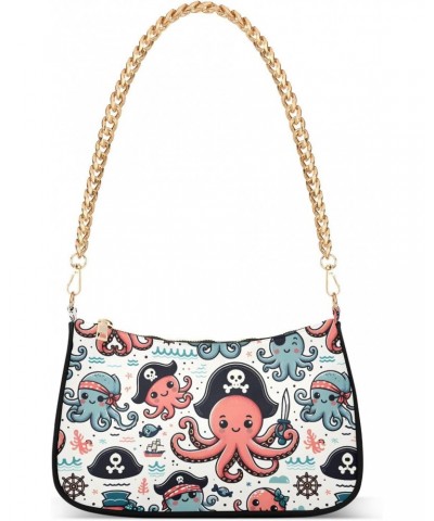 Cartoon Pirate Octopus Clutch Shoulder Bag for Women, Hobo Tote Handbag with Gold Chain, Crossbody Bag with Zipper Closure $1...