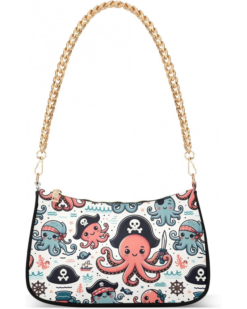 Cartoon Pirate Octopus Clutch Shoulder Bag for Women, Hobo Tote Handbag with Gold Chain, Crossbody Bag with Zipper Closure $1...