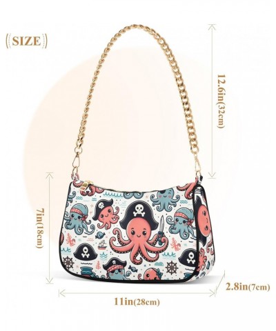 Cartoon Pirate Octopus Clutch Shoulder Bag for Women, Hobo Tote Handbag with Gold Chain, Crossbody Bag with Zipper Closure $1...