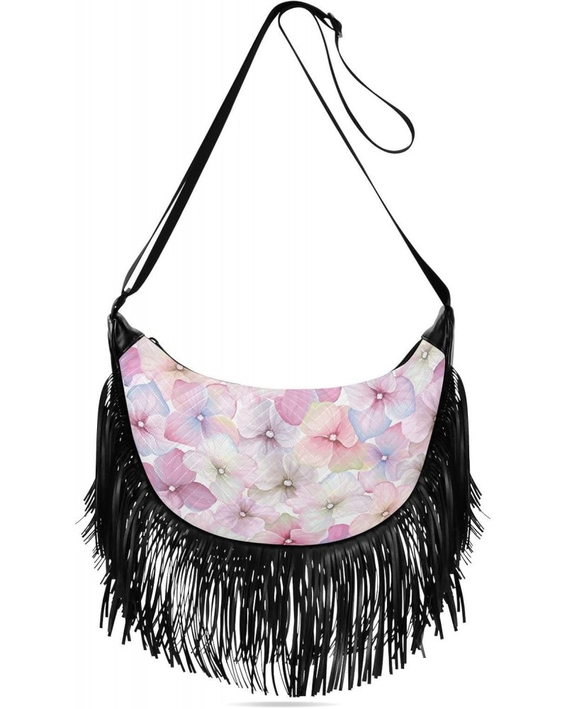 Pink Hydrangea Flower Fringe Bag for Women Cross Body Bag Tassel Shoulder Bag Satchel $14.84 Shoulder Bags