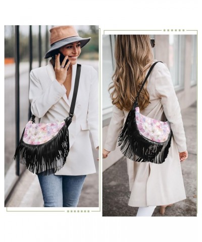 Pink Hydrangea Flower Fringe Bag for Women Cross Body Bag Tassel Shoulder Bag Satchel $14.84 Shoulder Bags