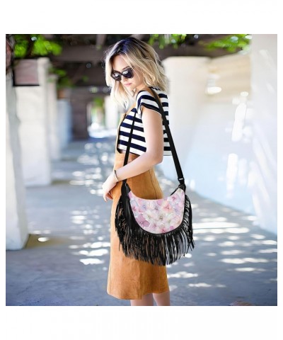 Pink Hydrangea Flower Fringe Bag for Women Cross Body Bag Tassel Shoulder Bag Satchel $14.84 Shoulder Bags