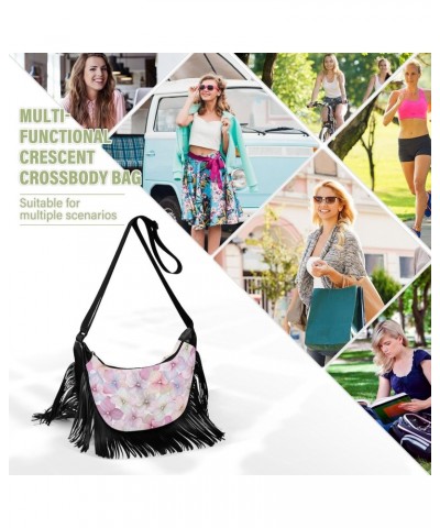 Pink Hydrangea Flower Fringe Bag for Women Cross Body Bag Tassel Shoulder Bag Satchel $14.84 Shoulder Bags