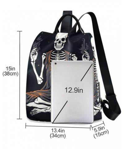 Meditating White Skull Women Backpack Purse Back Zipper Anti Theft Pocket Design Fashion Travel Bag with Pompom Smiling Skull...