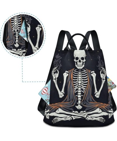 Meditating White Skull Women Backpack Purse Back Zipper Anti Theft Pocket Design Fashion Travel Bag with Pompom Smiling Skull...