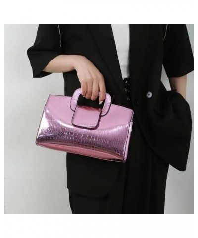 Glossy Faux Leather Crocodile Evening Handbag and Purse for Women,Embossing Top Handle Satchel Tote Shoulder Bag A-pink $16.3...