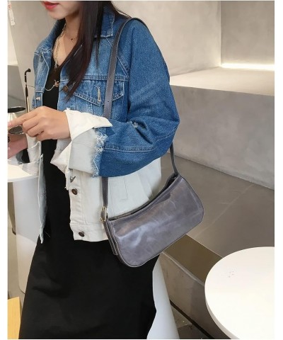 Fashion solid color zipper shoulder bag oil wax leather armpit pure leather female bag Gris $15.64 Shoulder Bags