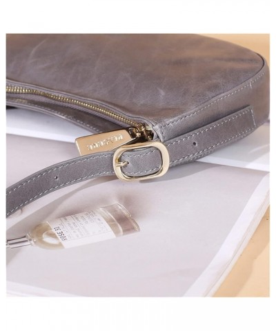 Fashion solid color zipper shoulder bag oil wax leather armpit pure leather female bag Gris $15.64 Shoulder Bags