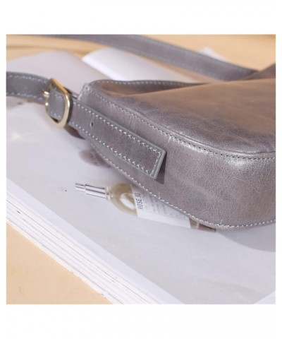 Fashion solid color zipper shoulder bag oil wax leather armpit pure leather female bag Gris $15.64 Shoulder Bags