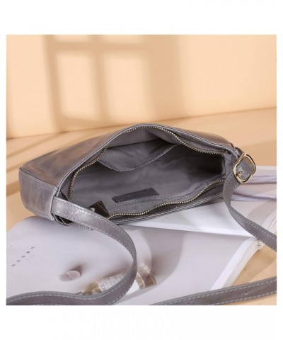 Fashion solid color zipper shoulder bag oil wax leather armpit pure leather female bag Gris $15.64 Shoulder Bags