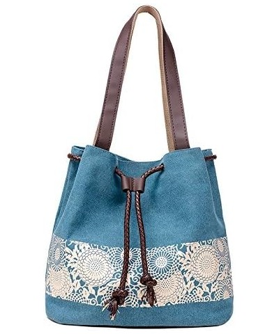 Women Printing Canvas Shoulder Bag Casual Hand Bags Purse with Leather Straps Black Blue $32.43 Totes