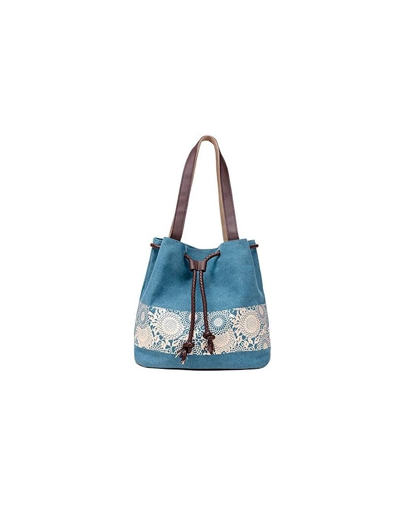 Women Printing Canvas Shoulder Bag Casual Hand Bags Purse with Leather Straps Black Blue $32.43 Totes