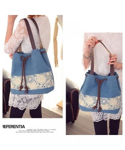 Women Printing Canvas Shoulder Bag Casual Hand Bags Purse with Leather Straps Black Blue $32.43 Totes