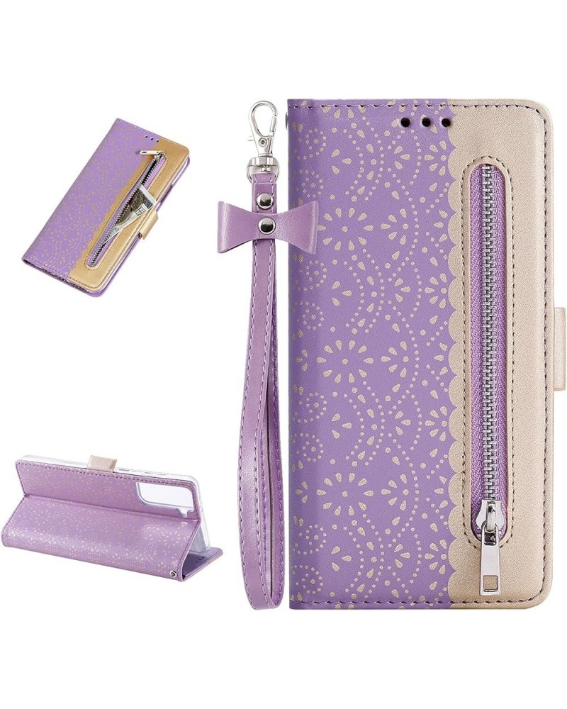 Wallet Case for Samsung Galaxy S21 FE 5G, Elegant Lace Flower Printed Soft PU Leather Zipper Pocket Purse Case Flip Kickstand...