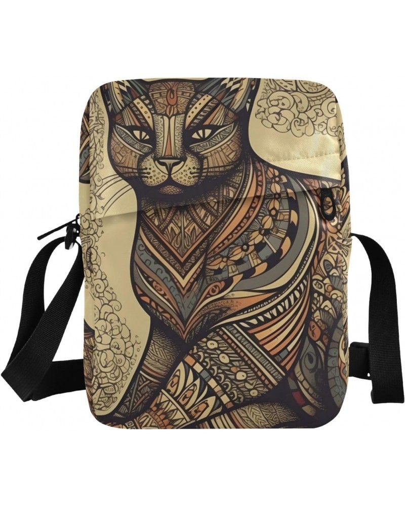 Tribal Pattern Cat Small Crossbody Sling Bag for Women Men, Zipper Closure Messenger Bags Purse with Card Phone Passport Comp...