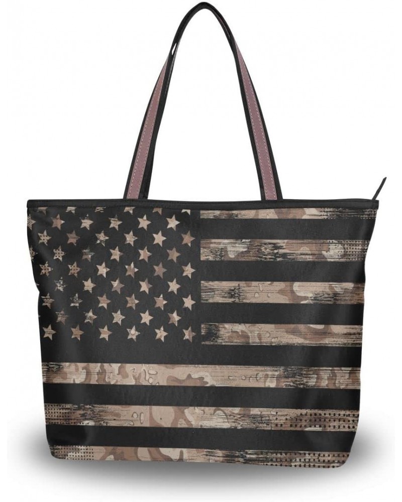 Woman Tote Bag American Us Flag Vintage Shoulder Handbag for Work Travel Business Beach Shopping $14.50 Shoulder Bags