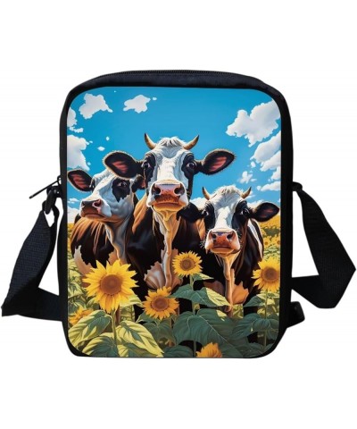 Small Messenger Bags Womens Mini Schoolbag Shoulder Bag Phone Pouch Cow Sunflowers $9.89 Crossbody Bags