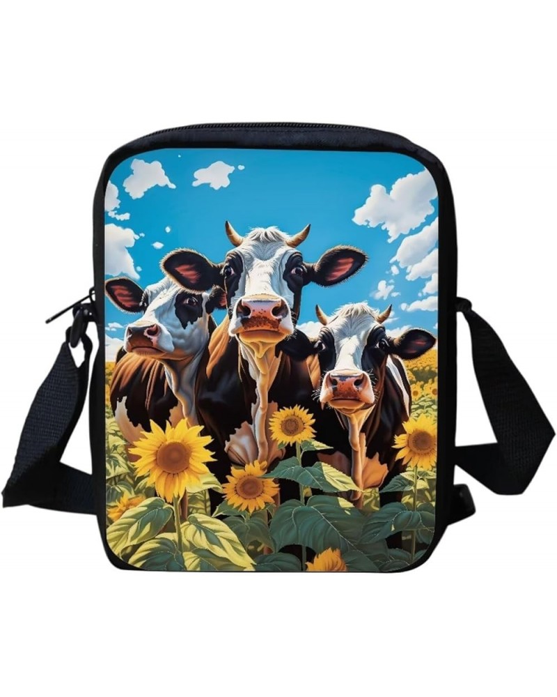 Small Messenger Bags Womens Mini Schoolbag Shoulder Bag Phone Pouch Cow Sunflowers $9.89 Crossbody Bags