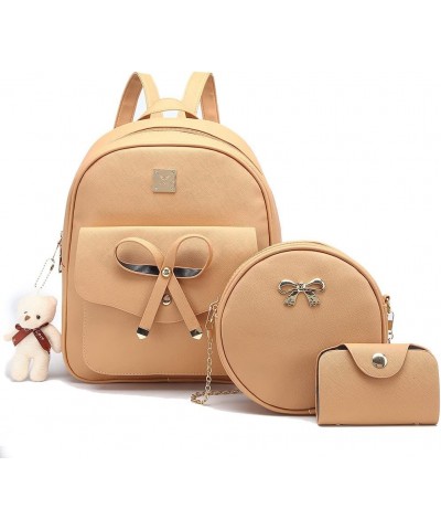 Cute PU leather 3pcs set backpack mini purse shoulder bag for women teen girls Rucksack for Ladies Shoulder Bag Apricot $15.5...