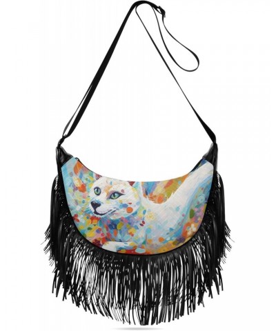 Women's Fringe Crossbody Tassel Purse White Cat with Blue Eyes Hobo Shoulder Bags Crossbody Handbag with Adjustable Shoulder ...