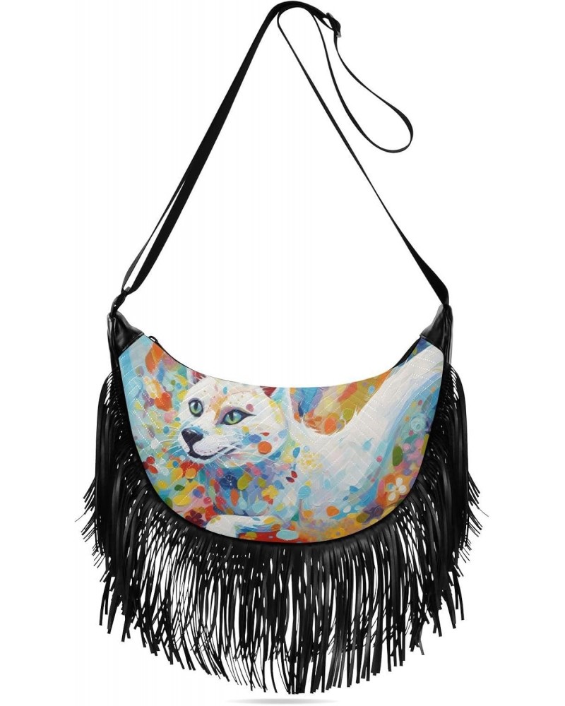 Women's Fringe Crossbody Tassel Purse White Cat with Blue Eyes Hobo Shoulder Bags Crossbody Handbag with Adjustable Shoulder ...