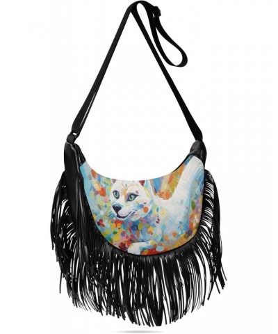 Women's Fringe Crossbody Tassel Purse White Cat with Blue Eyes Hobo Shoulder Bags Crossbody Handbag with Adjustable Shoulder ...